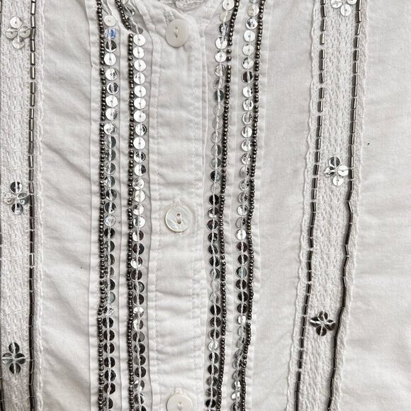 Catherines White Silver Sequin White Blouse Top Size 1X Button Front Long Sleeve - Picture 4 of 12